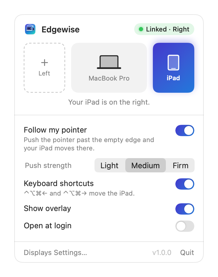 The Edgewise window showing the iPad linked on the right